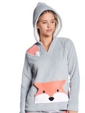 Zoe & Bella Pink Fox Hoodie Size Medium Grey PJ Fleece Hoodie